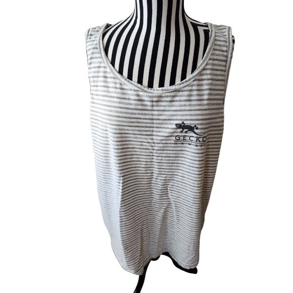 Vintage 80s 90s Gecko Hawaii Men's Tank Shirt XXL White Gray Stripe Surf - Picture 1 of 5